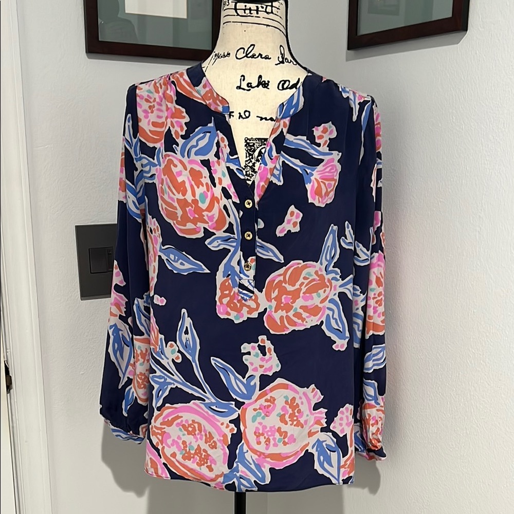 Lilly Pulitzer Pink Buttoned Blouse with Mandarin Collar